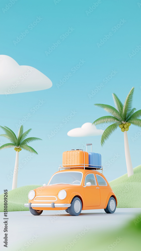 Obraz premium Orange Car with Luggage on Road in Tropical Landscape