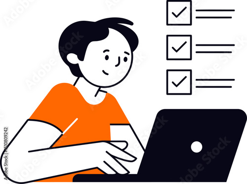 Illustration of man using laptop completing checklist online survey form task management system vector art illustration
