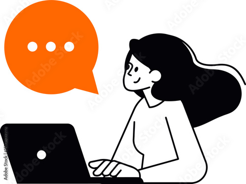 Cartoon woman typing message on computer with speech bubble for communication and social media marketing vector art illustration