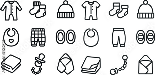 Baby clothing and accessories icons for nursery and childcare design projects