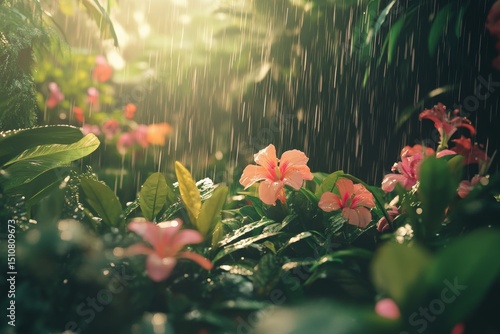 A summer garden filled with flowers and bathed in sunlight, serving as a picturesque outdoor nature background on a rainy day
