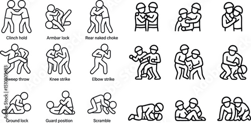 Martial arts techniques and positions for self defense practice and training