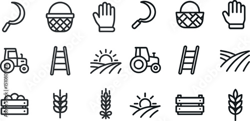 Farming tools and harvest symbols for agricultural design and print