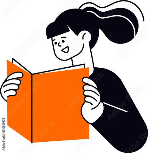 Illustration of a woman reading book study learning education knowledge literature student reader happy 100 vector art illustration