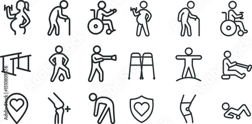 Health and fitness icons for rehabilitation and physical therapy concepts