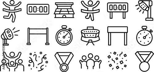 Sports competition icons for victory and timekeeping concepts in design