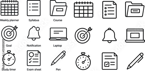 Academic and organizational icon set for effective study and task management