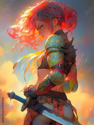 Anime illustration of female warrior with multicolored hair and intricate armor, serious expression, fantasy.