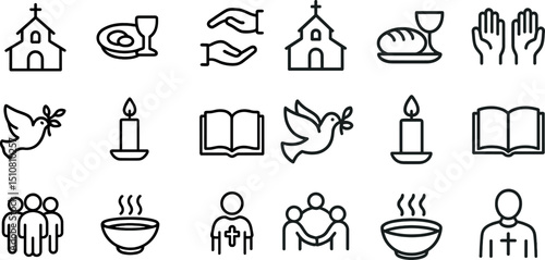 Christian symbols for worship, communion, and fellowship in line art style