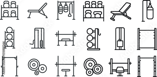 Gym equipment icons set for fitness and workout design projects