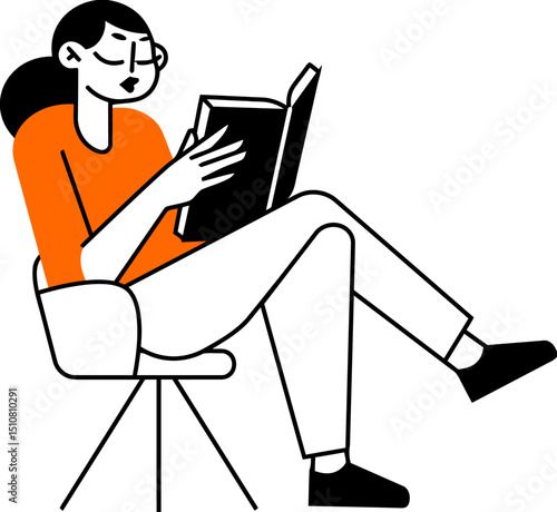 Illustration of woman reading book on chair studying learning knowledge education literature 100 char vector art illustration