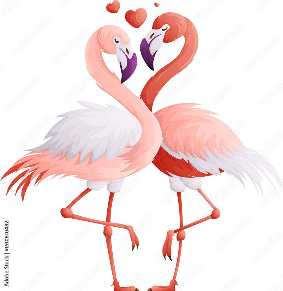 Fototapeta premium Flamingos in Love. A Romantic Illustration of Two Birds with Hearts Above Them.