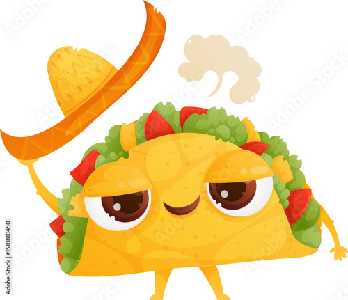 Cool and Spicy Taco Cartoon Character Wearing Sombrero, with a Laidback Expression
