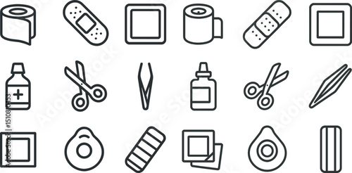 Medical and hygiene tools outline icons for wellness design
