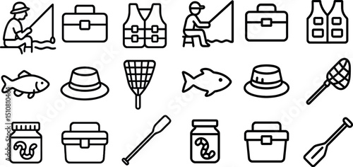 Fishing gear and activities icons for outdoor adventure design