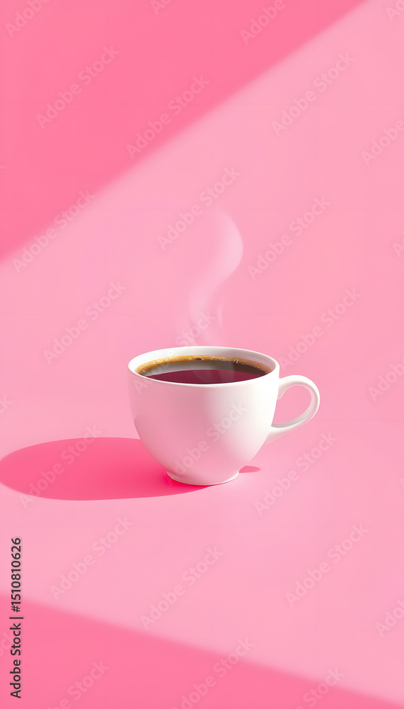 Vibrant pink backdrop with a delicate coffee cup design, bathed in soft golden sunlight, modern and chic aesthetic., pop art. with white shades Vibrant pink backdrop with a delicate coffee cup design, bathed in soft golden sunlight, modern and chic aesthetic., pop art. with white shades