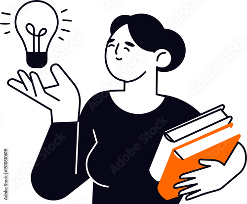 Illustration of woman with books and lightbulb idea concept for education and innovation learning design vector art illustration
