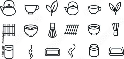 Tea ceremony elements and utensils collection for design and crafts