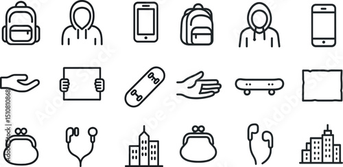 Urban lifestyle icons featuring skateboard, backpack, and mobile devices