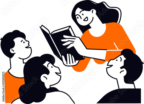 Illustration of teacher reading to students learning and education in classroom storytelling time 100 vector art illustration