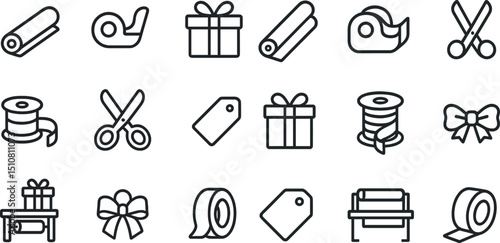 Gift wrapping essentials icons for creative holiday packaging design
