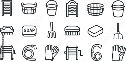 Classic laundry tools and cleaning accessories icon set for household design