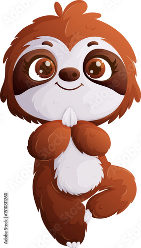 Cute Cartoon Sloth Doing Yoga in Tree Pose, Adorable Animal Character Vector.