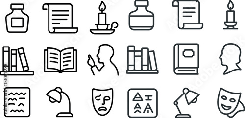 Minimalist icons of writing and reading elements for education and office