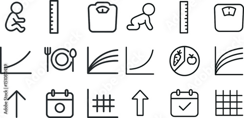 Baby growth and nutrition icons for health and development