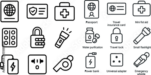 Travel essentials icons: passport, medical kit, and safety tools for travelers
