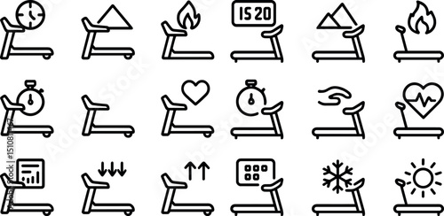 Fitness treadmill icon set with workout and health symbols for design