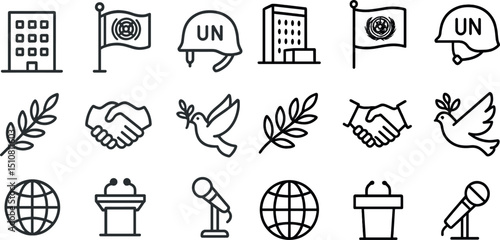 Icons of peace and diplomacy with flags, doves, and globes for communication design
