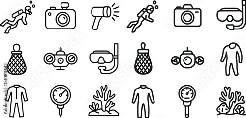 Scuba diving adventure icons for travel and water sports design