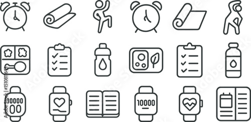 Fitness and health icon set featuring exercise, nutrition, and tracking concepts