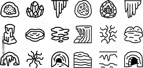 Geology and nature icon set featuring crystals, caves, and natural formations