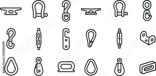 Nautical and industrial hooks and fasteners icon set for design projects