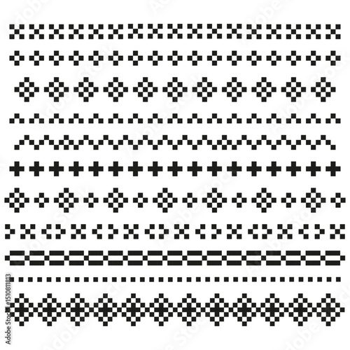 A set of traditional Ukrainian border ornaments in black. Traditional cross stitch