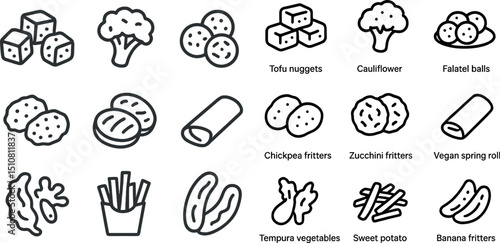 Assorted vegan snacks and ingredients icons for menu design