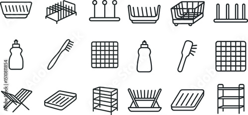 Kitchen and bathroom cleaning tools and organizers vector icons set