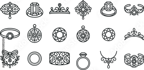 Elegant jewelry collection featuring rings, crowns, and necklaces for fashion design