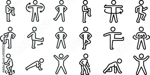 Stick figure exercise and stretching routine icons for fitness design