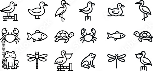 Minimalist animal icons set featuring birds, aquatic life, and insects for design projects