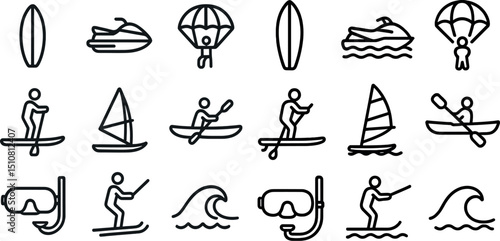 Water sports icons set for adventure and recreation design projects