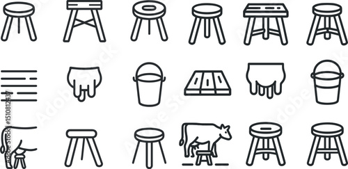 Farm tools and milk icons set for agriculture and dairy design projects