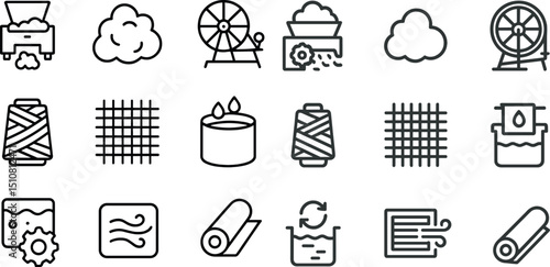 Textile manufacturing icons set for industry and design projects