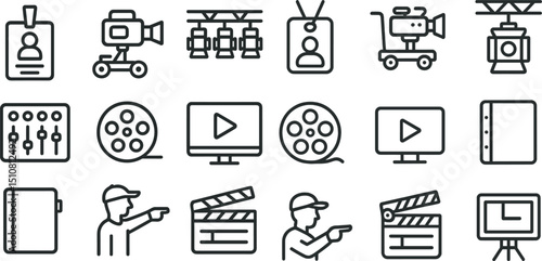 Filmmaking and production equipment icons for media and broadcasting design