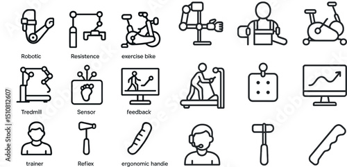 Fitness and technology icon set for gym equipment and health monitoring