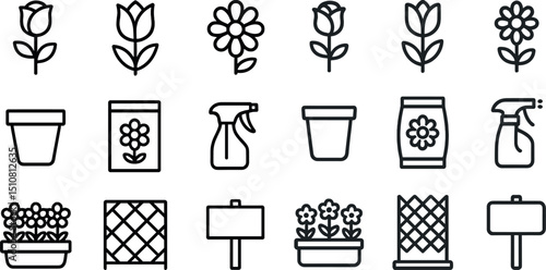 Garden icon collection for floral designs and plant care tools