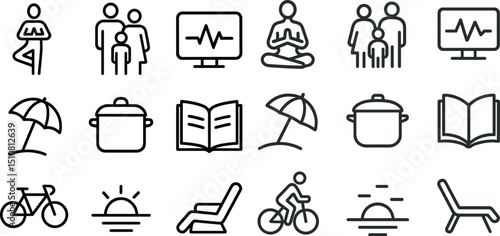 Diverse line icons for fitness, family, travel, wellness, and leisure design
