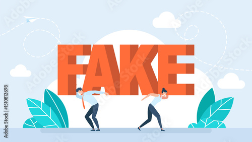 Disinformation. Fake presses on people. A man and a woman bent under the pressure of fake news. Social propaganda, man dizziness, news opinion fake, pressure or influence media. Vector illustration
